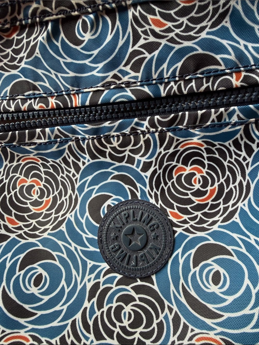 Kipling Blue Black Floral Nylon Backpack with Orange Accents
